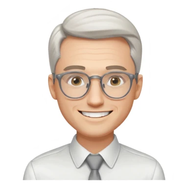 30 yr old pale white man, white/grey side swept stylish hair, round glasses, big smile, white teeth, handsome, longer hair, thin glasses, white dress shirt, smooth forehead, botox, no tie sticker