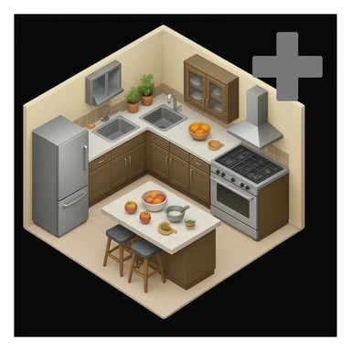 Add a prominent plus (+) symbol to the top right corner outside the kitchen area, keeping the style consistent with the original kitchen emoji. sticker