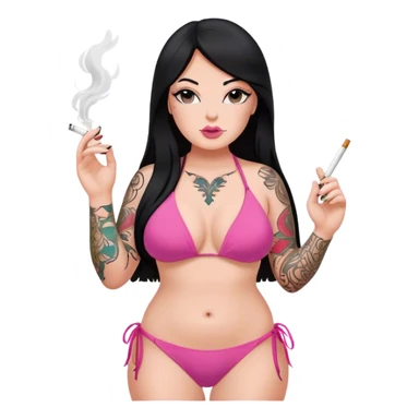caucasian curvy body girl, with tattoos, in pink bikini, smoke, with a long straight black hair  sticker