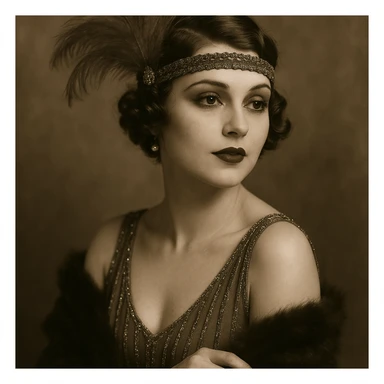 1920s woman, jazz age, feathered headband, glamorous makeup, classic pose, vintage fashion, elegant sticker