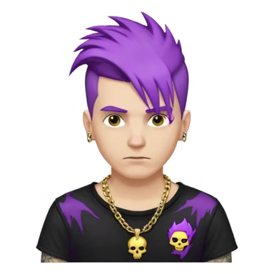 make a iphone emoji who is a white man that looks punk with purple punkk hair, with a black punk shirt and a golden neckless sticker