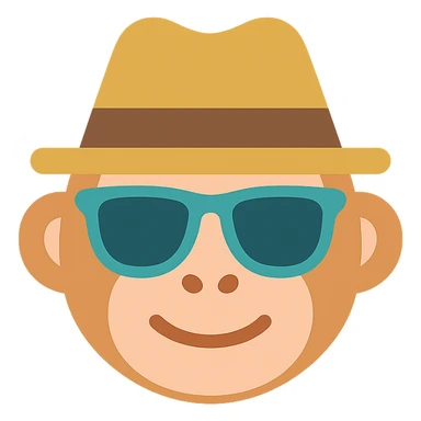 monkey in a fedora hat and sunglasses, color icon, flat design, playful and friendly sticker