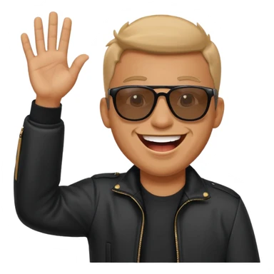 happy man with sunglasses, big laugh, waving, black jacket sticker