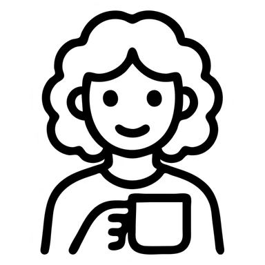 white girl with medium curly hair holding a coffee cup, outline icon style, black lines only, no fill sticker