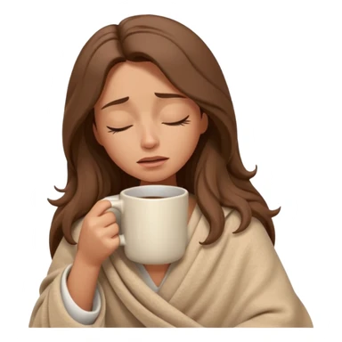 emoji-style illustration of a crying relaxed woman with long wavy brown hair, wrapped in a cozy beige blanket, holding a mug cup, eyes closed, sad and a bit anxious expression, soft 3D cartoon rendering, warm and comforting mood, plain background
 sticker