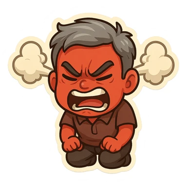 a red-skinned man with gray hair, extremely angry, steam coming from ears, cartoon style sticker