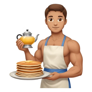 a big pumped-up guy with brown hair in an apron and with a plate of pancakes in one hand and a samovar in the other sticker