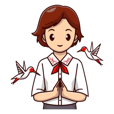 Ukrainian young girl with brown hair wearing a white embroidered shirt holds an origami red crane sticker