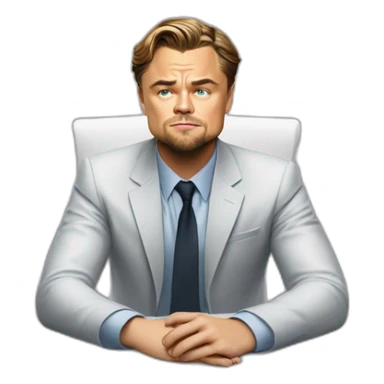 Leonardo DiCaprio sitting on the white table and trying to solve a problem in his business sticker