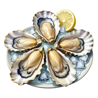 Cinematic fresh oysters on the half-shell, glistening with seawater, served with lemon wedges and ice, soft glowing highlights, elegant and luxurious. sticker