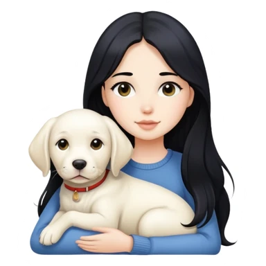 A beautiful girl with long black hair and fair skin is holding a white Labrador sticker