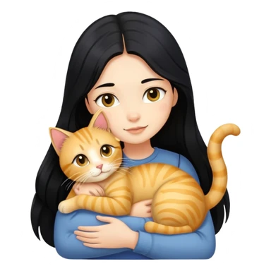 A girl with long black hair hugs a golden tabby cat sticker