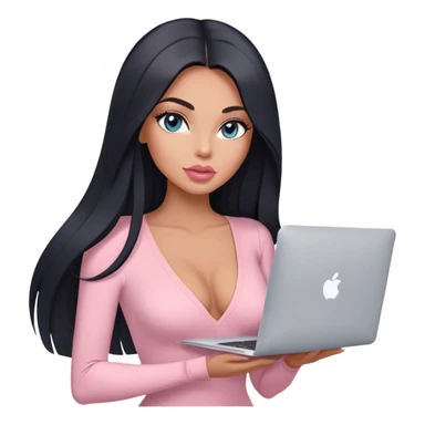 Glamours, tanned, very beautiful girl, with big pump peach-beige-rose lips, long lashes, black straight smooth silky long hair, straight parting hair, blue-grey eyes, in light-pink v-neck bodysuit holding MacBook sticker