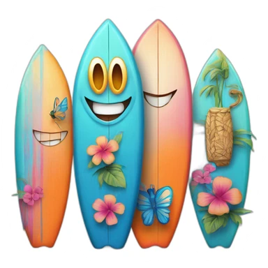 A surfboard Cartoon Blue and orange tiki smiling with butterfly and and Cartoon Blue and pink tiki singing with butterfly and mikrophone sticker