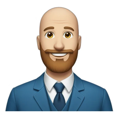blue-eyed, plump, smiling bald man with a long brown beard in a blue suit sticker
