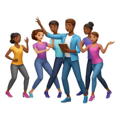 Icon for Choreography: a dance floor with a choreographer holding a clipboard, giving instructions to a group of dancers in motion. The icon should capture the art of movement and direction in dance. Transparent background. sticker