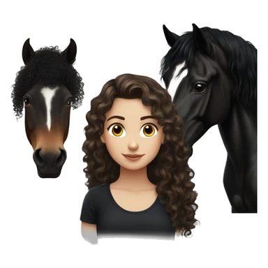 White girl, black shirt, long dark brunette curly hair, next to a black spanish horse sticker