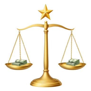 A balanced scale with dollar bills on the left side and three stars on the right side sticker