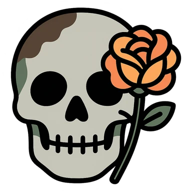 A light grey, slightly eerie skull with soft, rounded features and a haunting aura. One of its hollow eye sockets holds a delicate rose, its petals in shades of peach (FFCC9A) and soft orange (FA9B41), contrasting beautifully against the grey skull. The skull’s surface is textured with subtle hints of muted taupe brown (96775A) and deep forest green (4A7C5C), giving it a weathered, mystical look. The background is dark and atmospheric, with soft lighting highlighting the contrast between the cold, light grey of the skull and the warmth of the rose. The scene feels both macabre and elegant, with a touch of gothic beauty sticker