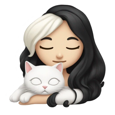 A pretty white girl with very long black hair and sleeping curled up to a white cat  sticker