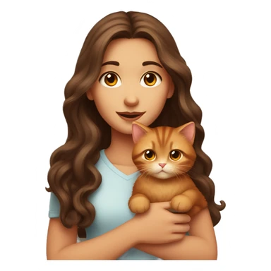 A girl with long wavy brown hair and brown eyes holds a red kitten sticker