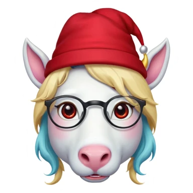 unicorn face cute wearing cute red hat, horn piercing through the hat looking in the camera, blond hair and spectacled sticker