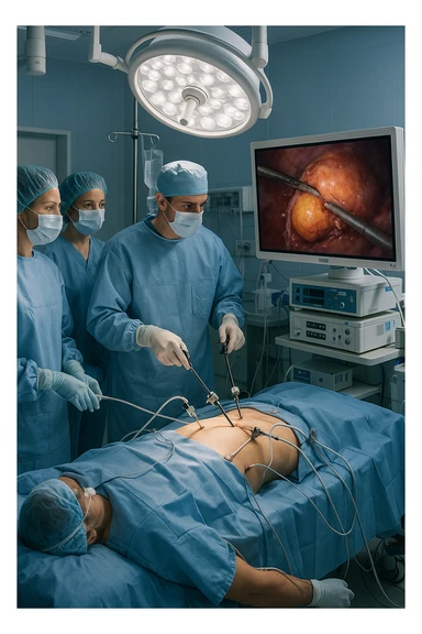 A realistic, clinical image inside a modern operating room during a laparoscopic cholecystectomy (gallbladder removal surgery). A team of surgeons in sterile gowns, masks, and gloves focus intently on the patient lying on the operating table. High-tech laparoscopic instruments are inserted through small incisions in the patient’s abdomen. On a large screen nearby, a close-up video feed shows the gallbladder being carefully dissected and removed using precise surgical tools. The environment is brightly lit with cool white surgical lights, and all medical equipment is clean and state-of-the-art. The mood is professional and sterile, conveying a sense of precision, care, and medical expertise. The patient is under anesthesia, covered with sterile drapes, with monitoring devices attached sticker