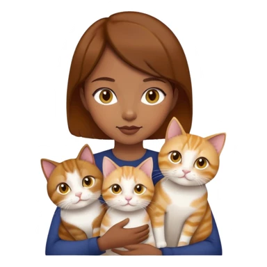 Asian girl, brown hair, brown eyes skin tone dark holding three cats one ginger, one yellow white one British short hair and cream colour sticker