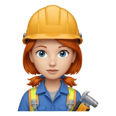 A ginger haired girl blue eyes, handyman Outfit, wearing a Helmet, with drill sticker