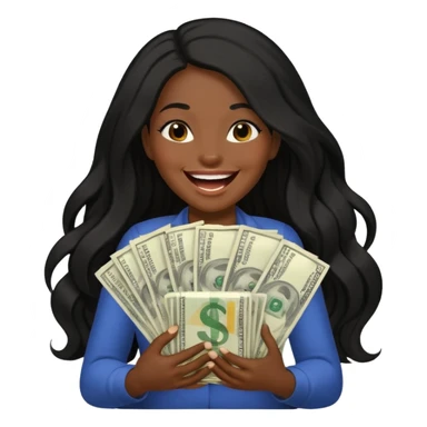 laughing dark long haired woman holding lots of money sticker