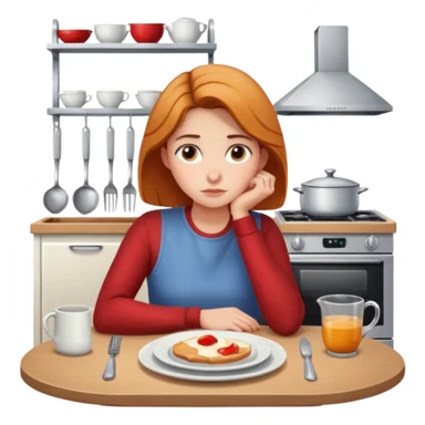 26-year-old woman at a small kitchen table with a single plate, looking pensive sticker