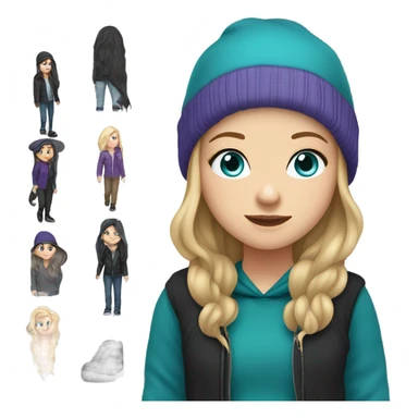 White girl, blue eyes, long teal hair, purple beanie hat, black hoodie, blue jeans, black shoes sticker