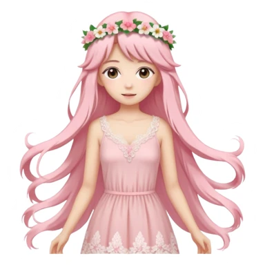 pastel anime woman with pink and white lace dress full body and long hair with flower crown sticker