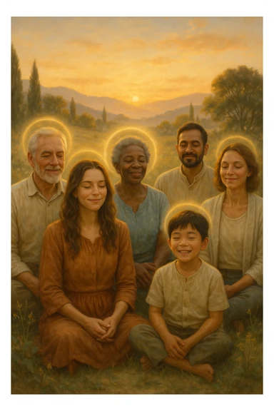 a diverse group of people of different ages and backgrounds sit together in a peaceful natural setting at sunrise, each with serene, joyful expressions. Subtle auras or soft light halos surround them, symbolizing spiritual awakening and inner harmony. The background features gentle hills, trees, and a glowing sky, evoking unity and connection. realistica italiano sticker