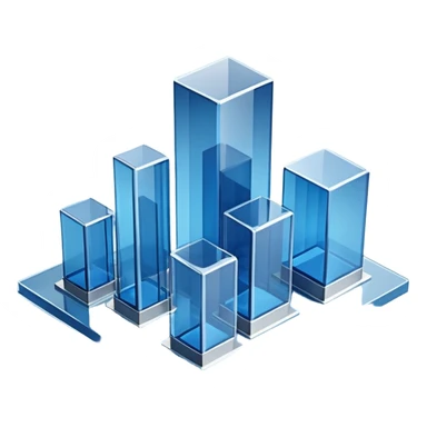 A minimalist 3D illustration of abstract glass buildings in blue tones, made of transparent glass-like materials with soft lighting and subtle reflections, isometric perspective, white background, futuristic architecture concept, volumetric light, clean render, high detail, no text sticker