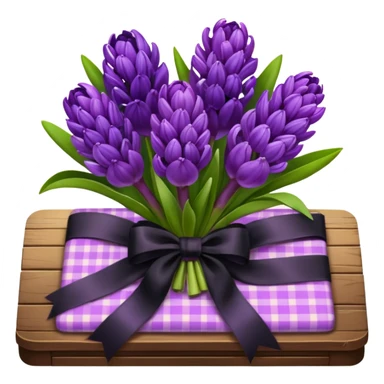 A lush bouquet of bright prple color Hyacinths black satin ribbon, resting on an antique wooden table, with a pale yellow and pink plaid pattern table cloth sticker