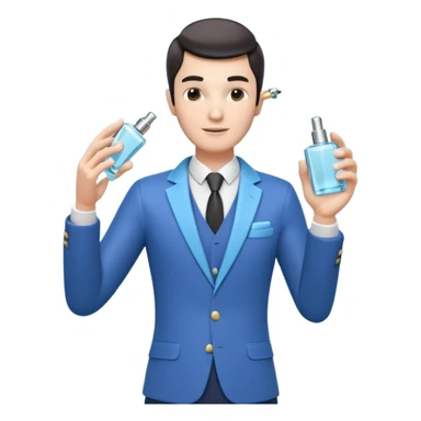 stylish man spraying perfume, holding a perfume bottle, mist spray in the air, elegant pose, 3D cartoon, mobile game icon style, clean background, no text, no watermark

 sticker