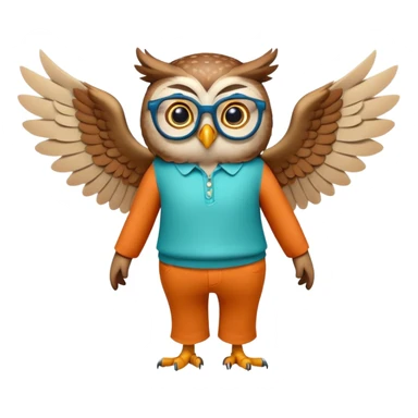 friendly anthropomorphised owl with wings instead of arms, colourful pants and shirt, wearing glasses, walking upright, unique pose 2 sticker
