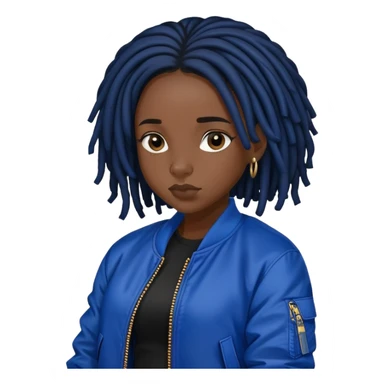 Black girl with black hair locs in black dress and royal blue bomber jacket sticker