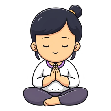 White girl with black hair in meditation pose, peaceful self care wellness moment sticker