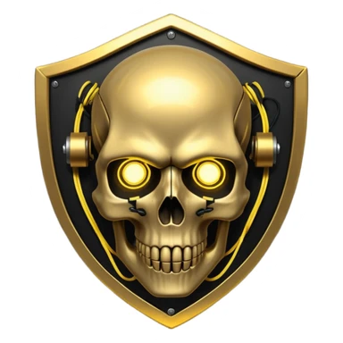 Cyberpunk shield, skull with cybernetic implants, glowing wires, dark electric gold and black tones, no background sticker