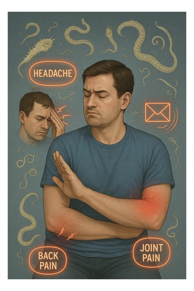 uomo che ignora i suoi un mal di testa, mal di schiena e dolore articolare e ignora ogni segnale e messaggio che il corpo manda per avvertirlo, ma alla fine dipendono tutto dai parassiti intestinali realistica sticker