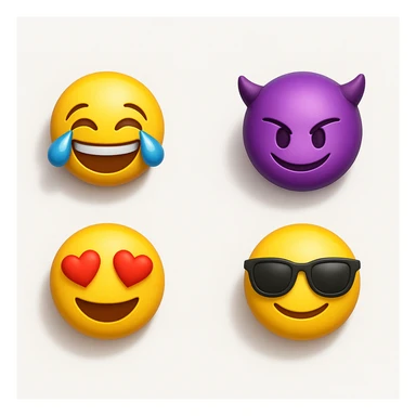 make four emojis on white background with good amount of shadow, four emojis of smiley's only. one laughing, second heart eyes, third purple devil and four black glasses emojis  sticker