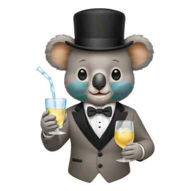 koala wearing suit, bowtie and top hat, holding glass of water sticker
