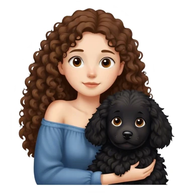 a girl with long brown curly hair and a black fluffy dog is lying on her left shoulder and neck sticker