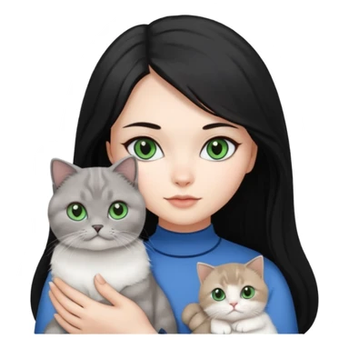 Black long hair, white skin, pretty black eyes, a woman with a gray Scottish fold green eye cat and a white blue eye cat
 sticker