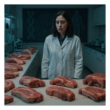 scientific laboratory with countertops full of ambiguous pork cuts, a woman looking at the meat with terrified gaze, background with a blackboard showing DNA and human anatomy drawings, bluish lighting, psychological atmosphere, 4K quality sticker