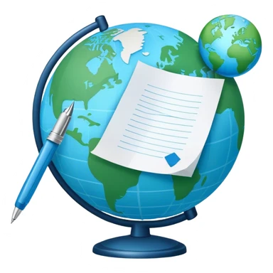 Create an emoji representing language translation. The design should feature just one globe in the background, symbolizing international communication. In front of the globe, place two books or sheets of paper with texs on them and a pen nearby to indicate the act of writing. Use a clean and professional color palette with blues, greens, and neutral tones. Make the background transparent. sticker