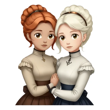 Two Victorian women with light eyes standing close together, one with bright pure white coiffed hair and one with dark copper coiffed hair, both wearing Victorian turtleneck dresses with their arms wrapped tightly around each other sticker