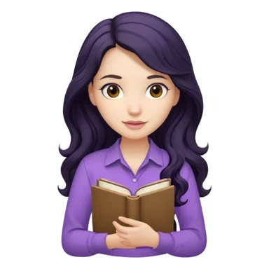 Long Hair Women with Black wavy hair, with purple Book, beige shir, without background sticker